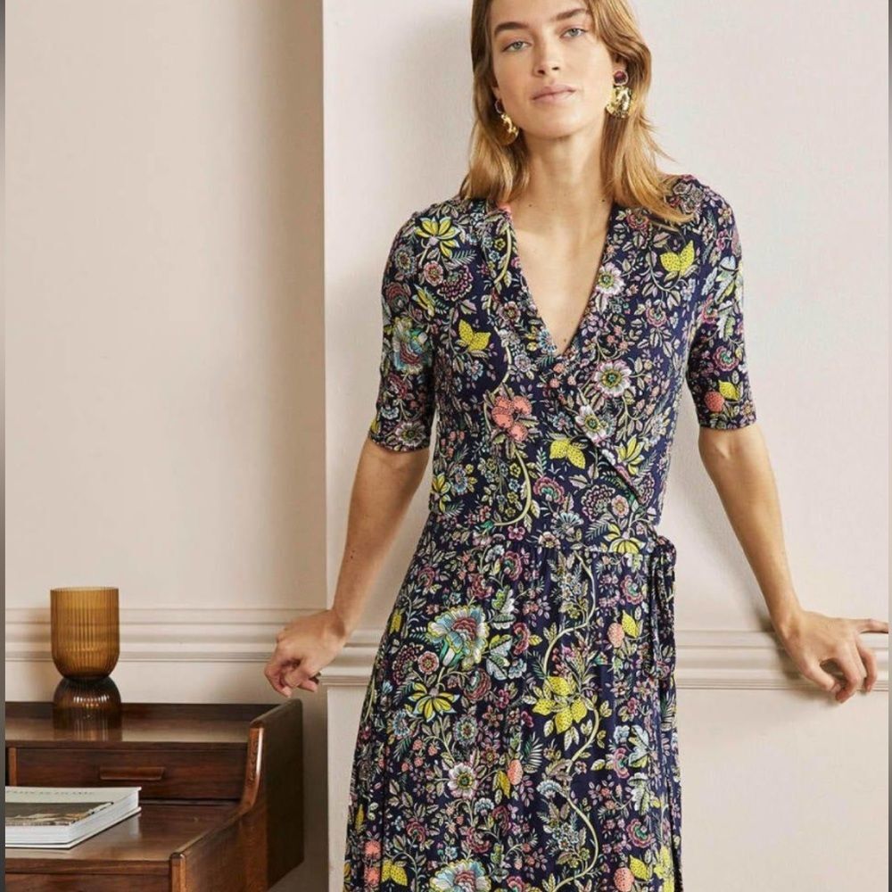 Boden Lavinia Jersey Wrap Dress Blue Tropic Meadow Floral Midi 6